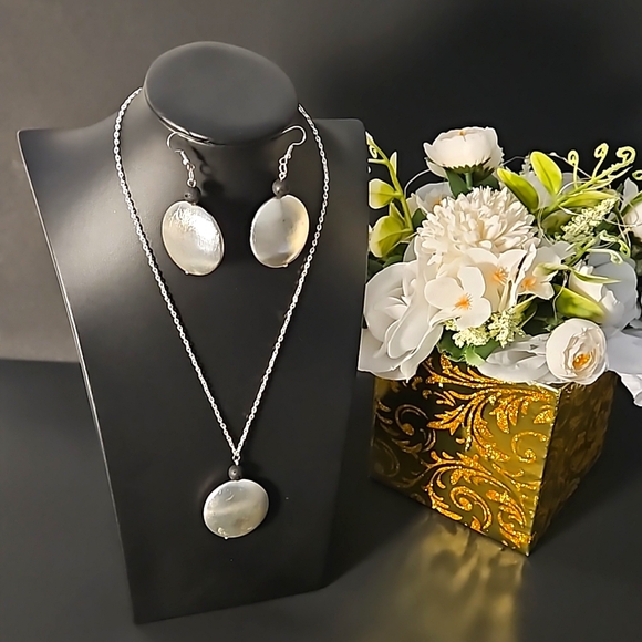Silver Metallic Disc Necklace & Earrings Set - Picture 1 of 4